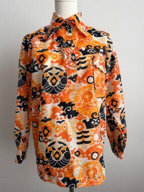 Vintage 70s Obermeyer Nylon Wind Shirt Psychedelic Pop Art Print Japan Size S